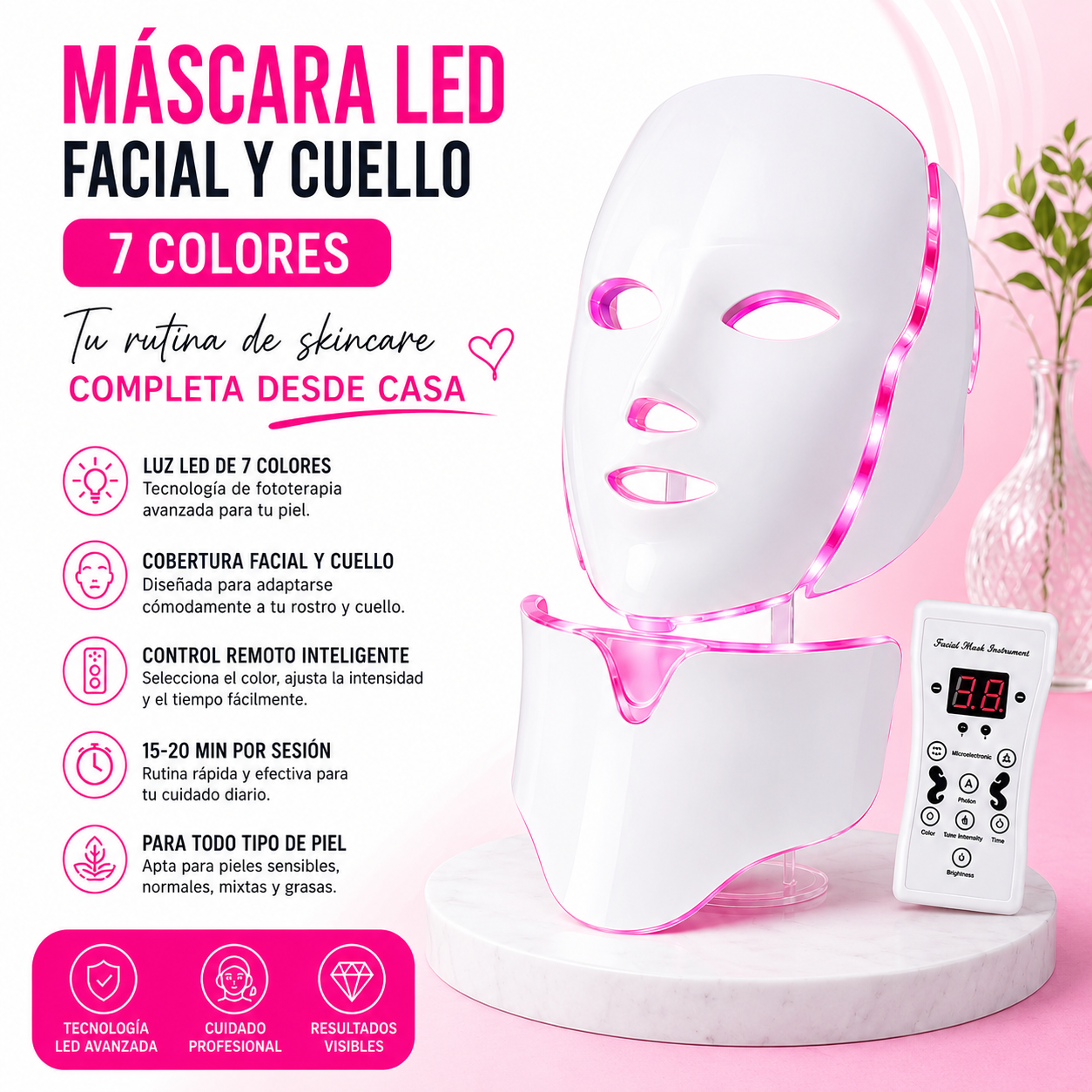 Máscara LED Facial y Cuello 7 Colores | Rejuvenecimiento y Cuidado de la Piel