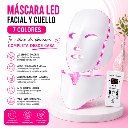 Máscara LED Facial y Cuello 7 Colores | Rejuvenecimiento y Cuidado de la Piel