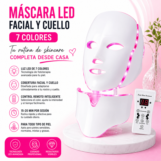 Máscara LED Facial y Cuello 7 Colores | Rejuvenecimiento y Cuidado de la Piel