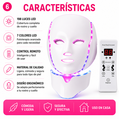 Máscara LED Facial y Cuello 7 Colores | Rejuvenecimiento y Cuidado de la Piel